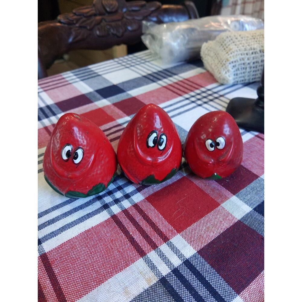 Anthropomorphic strawberry salt, pepper Shakers, and toothpick holder